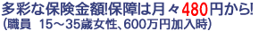 多彩な保険金額!保障は月々480円から!(職員15〜35歳女性600万円加入時)